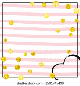 Wedding glitter confetti with dots on pink stripes. Shiny falling sequins with shimmer and sparkles. Template with gold wedding glitter for party invitation, banner, greeting card, bridal shower.