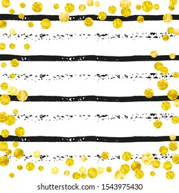 Wedding glitter confetti with dots on black stripes. Shiny random falling sequins with shimmer. Design with gold wedding glitter for party invitation, event banner, flyer, birthday card.