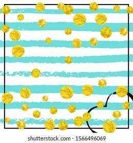 Wedding glitter confetti with dots on turquoise stripes. Shiny random falling sequins with sparkles. Design with gold wedding glitter for party invitation, banner, greeting card, bridal shower.