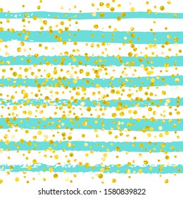 Wedding glitter confetti with dots on turquoise stripes. Shiny random falling sequins with sparkles. Design with gold wedding glitter for party invitation, bridal shower and save the date invite.