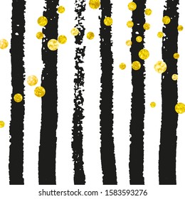 Wedding glitter confetti with dots on black stripes. Falling sequins with metallic shimmer. Design with gold wedding glitter for party invitation, event banner, flyer, birthday card.