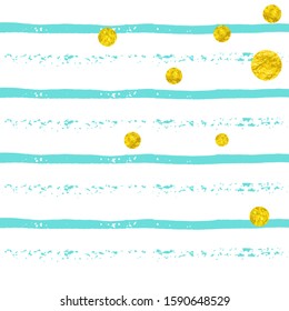 Wedding glitter confetti with dots on turquoise stripes. Shiny falling sequins with shimmer and sparkles. Design with gold wedding glitter for greeting card, bridal shower and save the date invite.