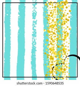 Wedding glitter confetti with dots on turquoise stripes. Falling sequins with shimmer and sparkles. Design with gold wedding glitter for party invitation, bridal shower and save the date invite.