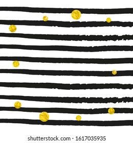 Wedding glitter confetti with dots on black stripes. Falling sequins with glossy sparkles. Design with gold wedding glitter for greeting card, bridal shower and save the date invite.