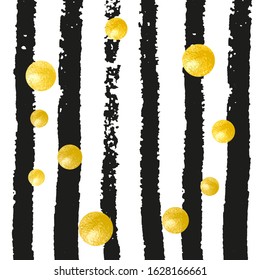Wedding glitter confetti with dots on black stripes. Falling sequins with metallic shimmer. Template with gold wedding glitter for party invitation, banner, greeting card, bridal shower.