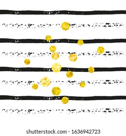 Wedding glitter confetti with dots on black stripes. Falling sequins with shimmer and sparkles. Design with gold wedding glitter for party invitation, bridal shower and save the date invite.