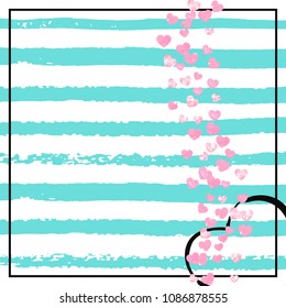 Wedding glitter confetti with heart on turquoise stripe. Shiny random falling sequins with shimmer. Design with pink wedding glitter for party invitation, event banner, flyer, birthday card.