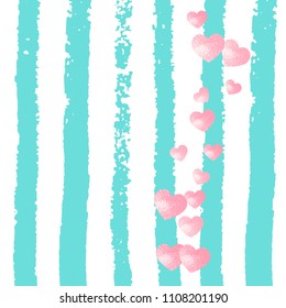 Wedding glitter confetti with heart on turquoise stripe. Falling sequins with glossy sparkles. Design with pink wedding glitter for party invitation, bridal shower and save the date invite.