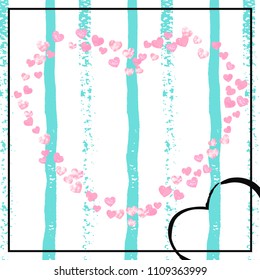 Wedding glitter confetti with heart on turquoise stripe. Random falling sequins with metallic shimmer. Design with pink wedding glitter for party invitation, event banner, flyer, birthday card.