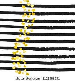 Wedding glitter confetti with heart on black stripes. Sequins with metallic shimmer and sparkles. Design with gold wedding glitter for party invitation, banner, greeting card, bridal shower.
