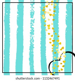 Wedding glitter confetti with heart on turquoise stripe. Falling sequins with glossy sparkles. Design with gold wedding glitter for party invitation, banner, greeting card, bridal shower.