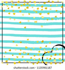 Wedding glitter confetti with heart on turquoise stripe. Shiny falling sequins with shimmer and sparkles. Design with gold wedding glitter for party invitation, event banner, flyer, birthday card.