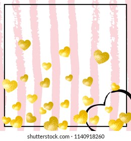 Wedding glitter confetti with heart on pink stripes. Shiny random sequins with metallic sparkles. Design with gold wedding glitter for party invitation, banner, greeting card, bridal shower.