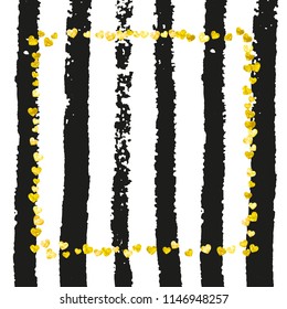 Wedding glitter confetti with heart on black stripes. Shiny random sequins with metallic sparkles. Design with gold wedding glitter for party invitation, event banner, flyer, birthday card.