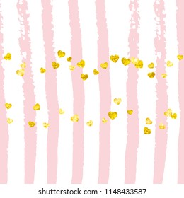 Wedding glitter confetti with heart on pink stripes. Shiny random falling sequins with shimmer. Design with gold wedding glitter for party invitation, banner, greeting card, bridal shower.