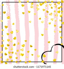 Wedding glitter confetti with heart on pink stripes. Random falling sequins with glossy sparkles. Design with gold wedding glitter for greeting card, bridal shower and save the date invite.