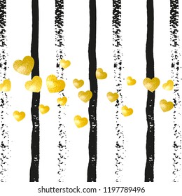 Wedding glitter confetti with heart on black stripes. Shiny random falling sequins with shimmer. Design with gold wedding glitter for party invitation, event banner, flyer, birthday card.