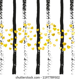 Wedding glitter confetti with heart on black stripes. Sequins with metallic shimmer and sparkles. Design with gold wedding glitter for party invitation, bridal shower and save the date invite.