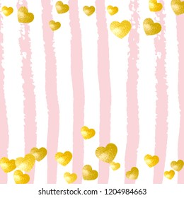 Wedding glitter confetti with heart on pink stripes. Falling sequins with shimmer and sparkles. Design with gold wedding glitter for party invitation, bridal shower and save the date invite.