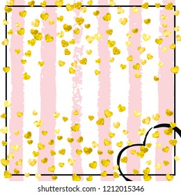 Wedding glitter confetti with heart on pink stripes. Shiny falling sequins with shimmer and sparkles. Design with gold wedding glitter for party invitation, bridal shower and save the date invite.