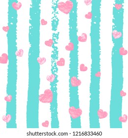 Wedding glitter confetti with heart on turquoise stripe. Shiny random falling sequins with shimmer. Design with pink wedding glitter for party invitation, banner, greeting card, bridal shower.