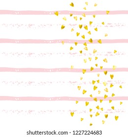 Wedding glitter confetti with heart on pink stripes. Shiny random falling sequins with sparkles. Design with gold wedding glitter for party invitation, banner, greeting card, bridal shower.