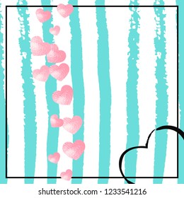 Wedding glitter confetti with heart on turquoise stripe. Random falling sequins with glossy sparkles. Design with pink wedding glitter for party invitation, event banner, flyer, birthday card.
