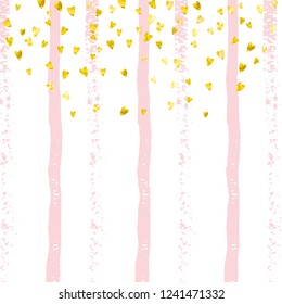 Wedding glitter confetti with heart on pink stripes. Falling sequins with metallic shimmer. Design with gold wedding glitter for party invitation, event banner, flyer, birthday card.