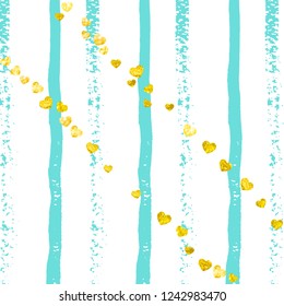 Wedding glitter confetti with heart on turquoise stripe. Shiny random falling sequins with sparkles. Design with gold wedding glitter for party invitation, event banner, flyer, birthday card.