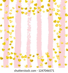 Wedding glitter confetti with heart on pink stripes. Falling sequins with shimmer and sparkles. Design with gold wedding glitter for greeting card, bridal shower and save the date invite.