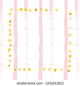 Wedding glitter confetti with heart on pink stripes. Sequins with metallic shimmer and sparkles. Design with gold wedding glitter for party invitation, banner, greeting card, bridal shower.
