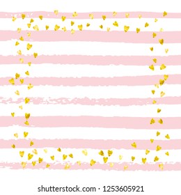 Wedding glitter confetti with heart on pink stripes. Random falling sequins with metallic shimmer. Design with gold wedding glitter for greeting card, bridal shower and save the date invite.