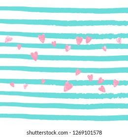 Wedding glitter confetti with heart on turquoise stripe. Shiny random sequins with metallic sparkles. Design with pink wedding glitter for party invitation, bridal shower and save the date invite.