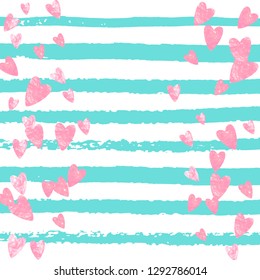 Wedding glitter confetti with heart on turquoise stripe. Shiny random falling sequins with sparkles. Design with pink wedding glitter for party invitation, event banner, flyer, birthday card.