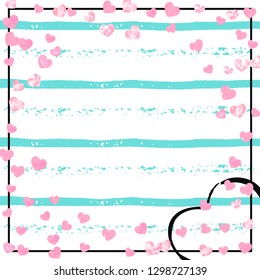 Wedding glitter confetti with heart on turquoise stripe. Shiny falling sequins with shimmer and sparkles. Design with pink wedding glitter for greeting card, bridal shower and save the date invite.