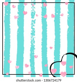 Wedding glitter confetti with heart on turquoise stripe. Sequins with metallic shimmer and sparkles. Design with pink wedding glitter for party invitation, event banner, flyer, birthday card.