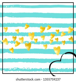 Wedding glitter confetti with heart on turquoise stripe. Random falling sequins with metallic shimmer. Design with gold wedding glitter for party invitation, event banner, flyer, birthday card.