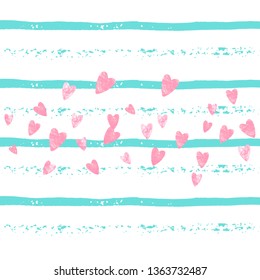 Wedding glitter confetti with heart on turquoise stripe. Random falling sequins with glossy sparkles. Design with pink wedding glitter for party invitation, event banner, flyer, birthday card.