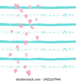Wedding glitter confetti with heart on turquoise stripe. Shiny random falling sequins with sparkles. Design with pink wedding glitter for party invitation, banner, greeting card, bridal shower.