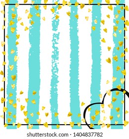 Wedding glitter confetti with heart on turquoise stripe. Falling sequins with glossy sparkles. Design with gold wedding glitter for party invitation, bridal shower and save the date invite.