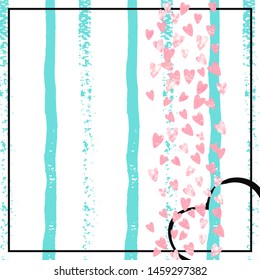 Wedding glitter confetti with heart on turquoise stripe. Falling sequins with metallic shimmer. Design with pink wedding glitter for party invitation, bridal shower and save the date invite.