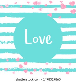 Wedding glitter confetti with heart on pink stripes. Shiny random falling sequins with shimmer. Design with gold wedding glitter for party invitation, event banner, flyer, birthday card.