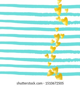Wedding glitter confetti with heart on turquoise stripe. Falling sequins with glossy sparkles. Design with gold wedding glitter for party invitation, bridal shower and save the date invite.
