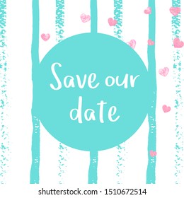 Wedding glitter confetti with heart on pink stripes. Sequins with metallic shimmer and sparkles. Design with gold wedding glitter for party invitation, banner, greeting card, bridal shower.