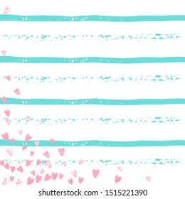 Wedding glitter confetti with heart on turquoise stripe. Falling sequins with glossy sparkles. Design with pink wedding glitter for greeting card, bridal shower and save the date invite.