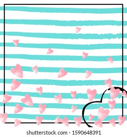 Wedding glitter confetti with heart on turquoise stripe. Shiny random falling sequins with shimmer. Design with pink wedding glitter for greeting card, bridal shower and save the date invite.
