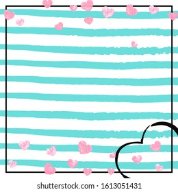 Wedding glitter confetti with heart on turquoise stripe. Random falling sequins with metallic shimmer. Design with pink wedding glitter for party invitation, banner, greeting card, bridal shower.