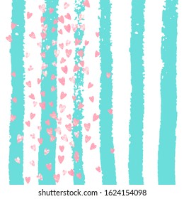 Wedding glitter confetti with heart on turquoise stripe. Random falling sequins with glossy sparkles. Design with pink wedding glitter for party invitation, bridal shower and save the date invite.