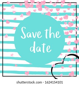 Wedding glitter confetti with heart on turquoise stripe. Shiny random falling sequins with sparkles. Design with gold wedding glitter for party invitation, banner, greeting card, bridal shower.