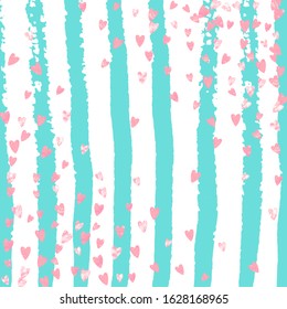 Wedding glitter confetti with heart on turquoise stripe. Shiny random falling sequins with sparkles. Design with pink wedding glitter for greeting card, bridal shower and save the date invite.